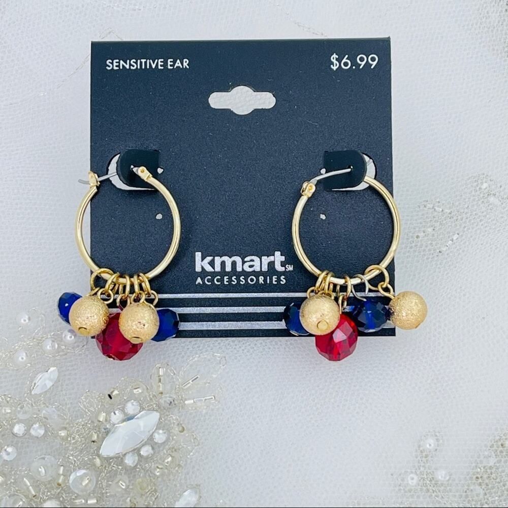 Kmart Red Gold Blue Beaded Hoop Earrings NWT
